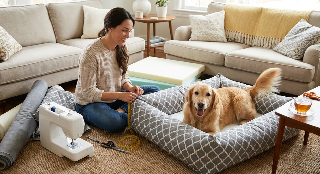 Kobieta szyje szare legowisko z podwyższonymi bokami, w którym leży zadowolony golden retriever.