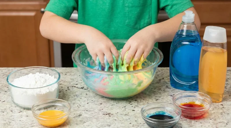 Dziecko mieszające dłońmi kolorowy slime w misce obok mąki, płynu do naczyń i barwników.