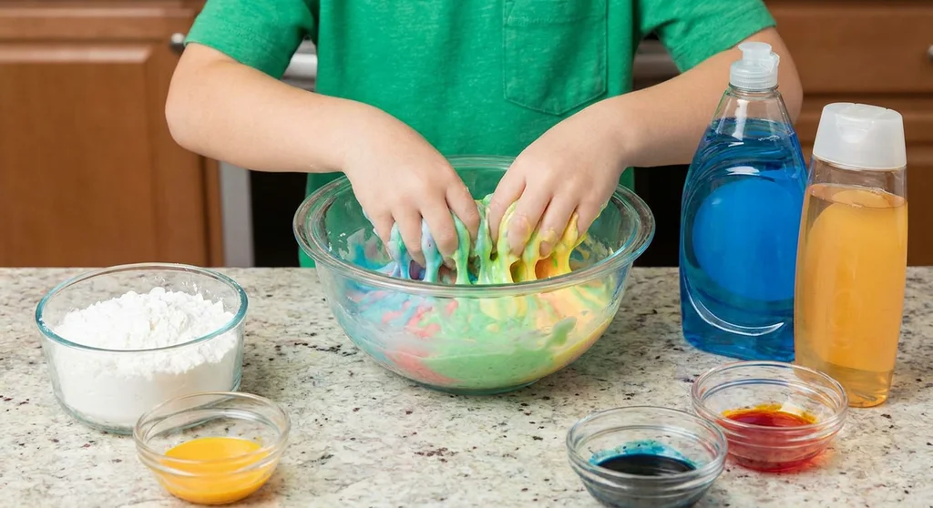 Dziecko mieszające dłońmi kolorowy slime w misce obok mąki, płynu do naczyń i barwników.