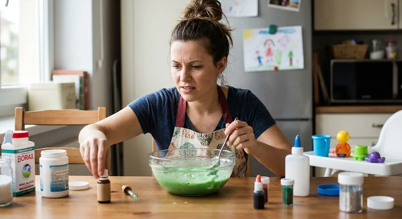 Zatroskana kobieta miesza zieloną masę w szklanej misce, próbując uratować nieudany slime.