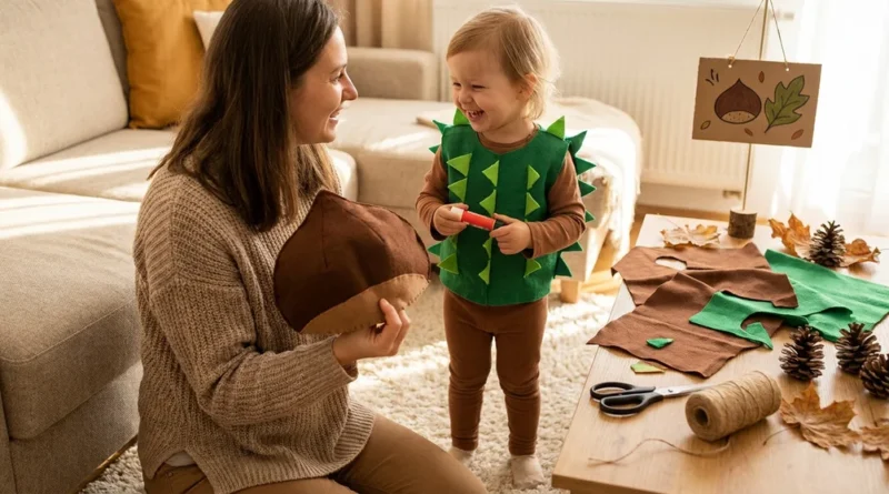 Dziecko w zielonej, kolczastej kamizelce z filcu i mama trzymająca brązową czapkę w kształcie kasztana.