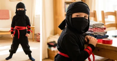 Dziecko w czarnym domowym stroju ninja z maską na twarzy, przewiązane w pasie i na rękach czerwoną taśmą.