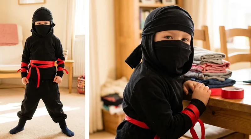 Dziecko w czarnym domowym stroju ninja z maską na twarzy, przewiązane w pasie i na rękach czerwoną taśmą.