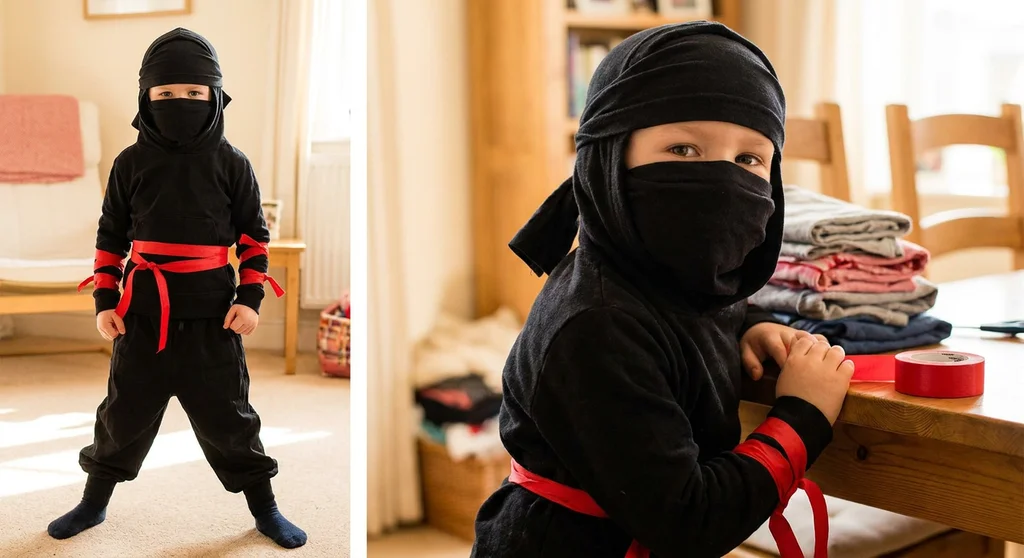 Dziecko w czarnym domowym stroju ninja z maską na twarzy, przewiązane w pasie i na rękach czerwoną taśmą.