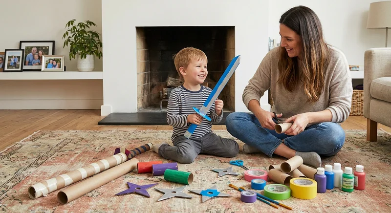 Mama i syn robią bezpieczny miecz oraz gwiazdki ninja z kartonowych rolek i materiałów plastycznych.