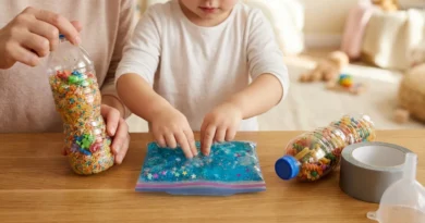 Dziecko bawi się woreczkiem z niebieskim żelem obok butelek z kolorowym ryżem i makaronem oraz taśmy.