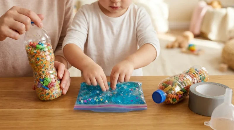Dziecko bawi się woreczkiem z niebieskim żelem obok butelek z kolorowym ryżem i makaronem oraz taśmy.