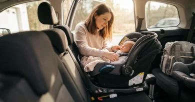 Kobieta czuwa nad noworodkiem w foteliku samochodowym RWF zamontowanym na bazie ISOFIX.