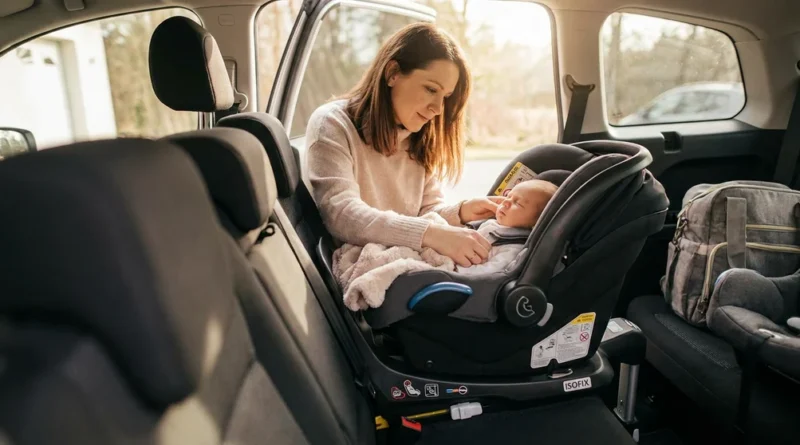 Kobieta czuwa nad noworodkiem w foteliku samochodowym RWF zamontowanym na bazie ISOFIX.