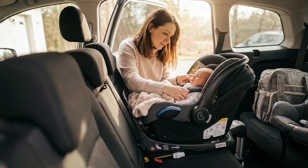 Kobieta czuwa nad noworodkiem w foteliku samochodowym RWF zamontowanym na bazie ISOFIX.