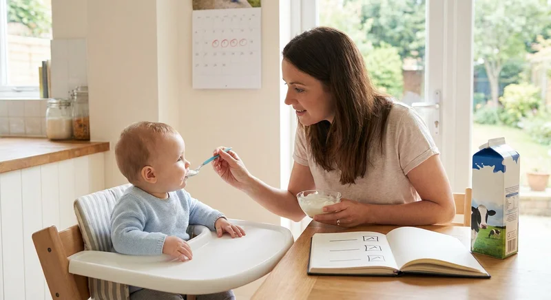 Mama karmi niemowlę łyżeczką, na stole leży otwarty notes z checklistą i karton mleka.