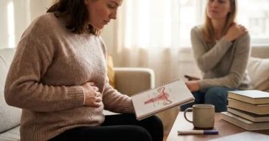 Kobieta trzymająca się za brzuch patrzy na rysunek macicy. W tle druga kobieta trzyma się za ramię.