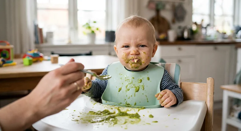 Umorusane zielonym purée niemowlę z grymasem na twarzy podczas karmienia łyżeczką.