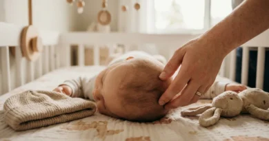 Dłoń rodzica czule gładzi delikatne włoski na główce niemowlęcia leżącego w łóżeczku.