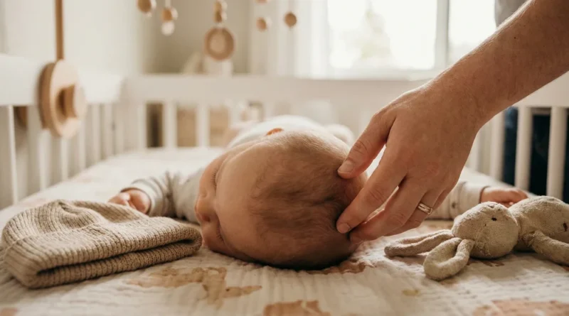 Dłoń rodzica czule gładzi delikatne włoski na główce niemowlęcia leżącego w łóżeczku.
