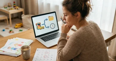Kobieta przy laptopie analizuje kalendarz z zaznaczonymi datami rekrutacji do przedszkola.