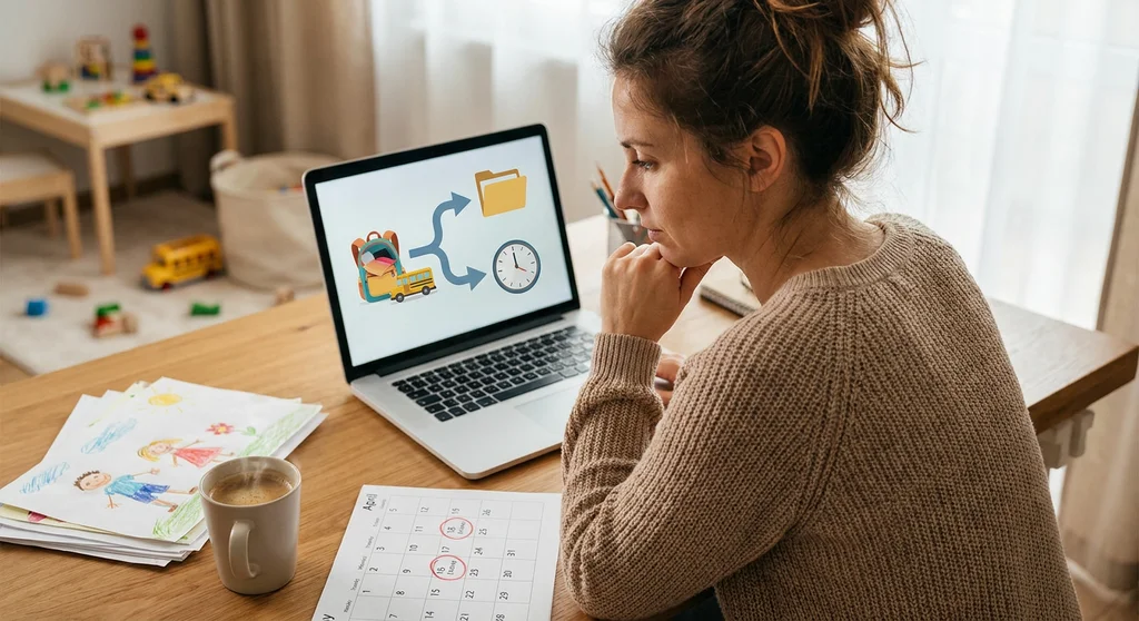Kobieta przy laptopie analizuje kalendarz z zaznaczonymi datami rekrutacji do przedszkola.