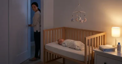 Niemowlę śpi w łóżeczku, a uśmiechnięta mama cicho przymyka drzwi do przytulnego pokoju.