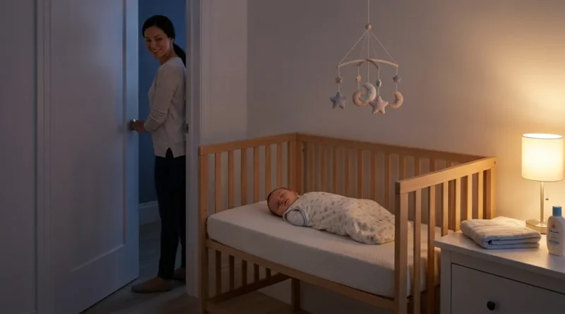 Niemowlę śpi w łóżeczku, a uśmiechnięta mama cicho przymyka drzwi do przytulnego pokoju.