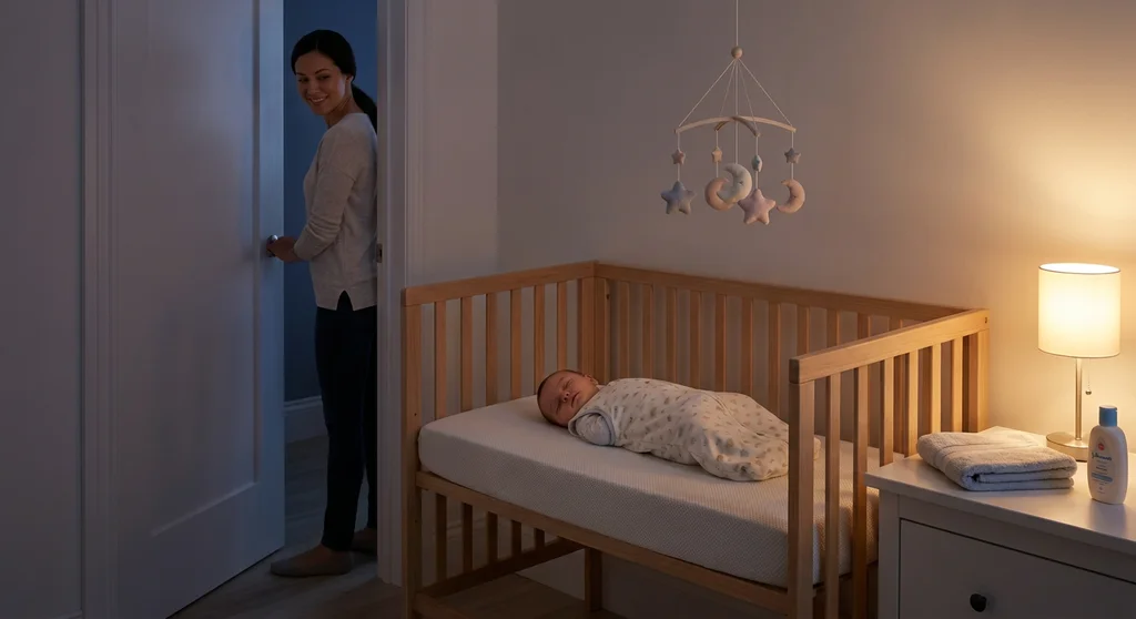 Niemowlę śpi w łóżeczku, a uśmiechnięta mama cicho przymyka drzwi do przytulnego pokoju.