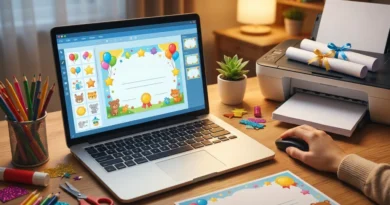 Laptop z projektem kolorowego dyplomu dla dzieci, obok drukarka z wydrukami i przybory plastyczne na biurku.