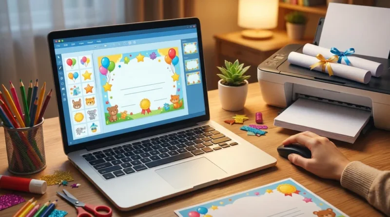 Laptop z projektem kolorowego dyplomu dla dzieci, obok drukarka z wydrukami i przybory plastyczne na biurku.