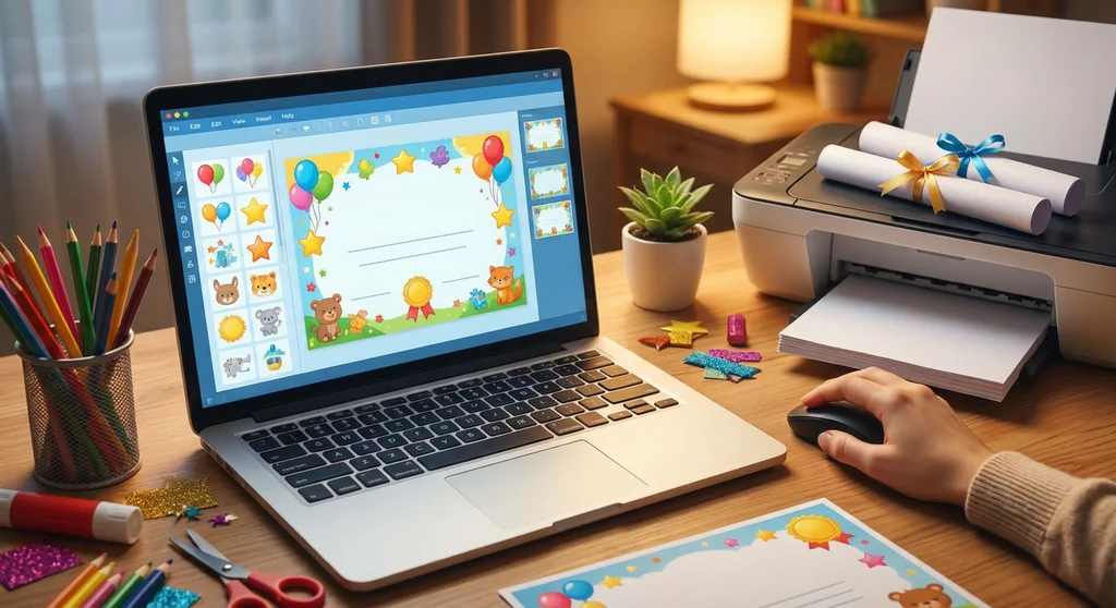 Laptop z projektem kolorowego dyplomu dla dzieci, obok drukarka z wydrukami i przybory plastyczne na biurku.