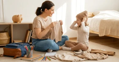Mama i córka kompletują szkolną wyprawkę i garderobę, siedząc na podłodze obok plecaka i ubrań.