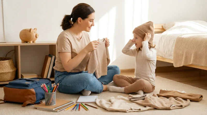 Mama i córka kompletują szkolną wyprawkę i garderobę, siedząc na podłodze obok plecaka i ubrań.