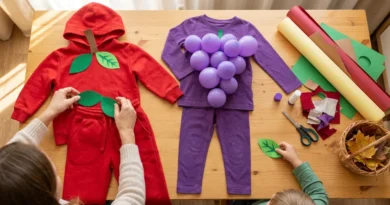 Przygotowywanie strojów jabłka z czerwonego dresu i winogrona z fioletowych ubrań i balonów.