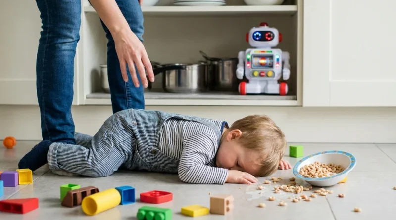 Zapłakany maluch leży na podłodze obok rozsypanych płatków i klocków. W tle widać nogi rodzica i zabawkowego robota.