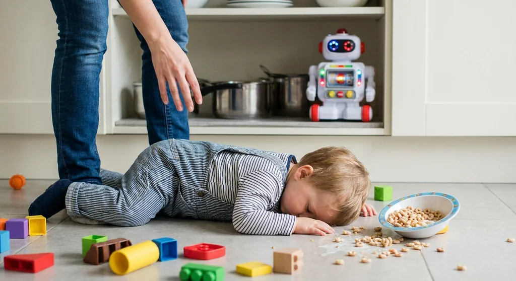 Zapłakany maluch leży na podłodze obok rozsypanych płatków i klocków. W tle widać nogi rodzica i zabawkowego robota.