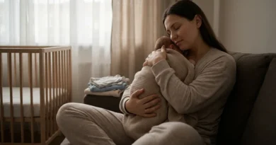 Matka czule tuli ciasno otulone kocykiem niemowlę, siedząc na kanapie w pokoju dziecięcym.