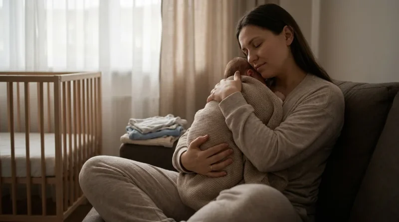 Matka czule tuli ciasno otulone kocykiem niemowlę, siedząc na kanapie w pokoju dziecięcym.