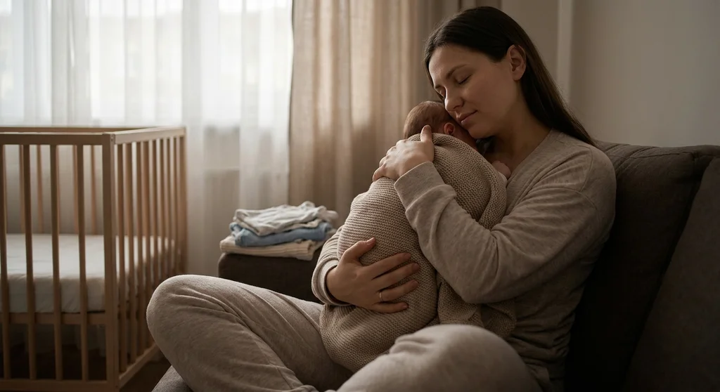 Matka czule tuli ciasno otulone kocykiem niemowlę, siedząc na kanapie w pokoju dziecięcym.