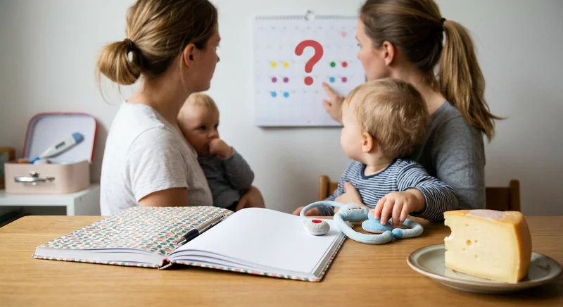Dwie matki z niemowlętami przy kalendarzu z pytajnikiem; na stole leży otwarty notes, zabawkowy stetoskop i ser.