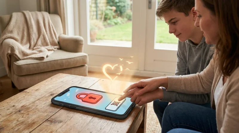 Matka i nastolatek wyłączają blokadę rodzicielską w telefonie, z którego unosi się świetliste serce i ptaki.