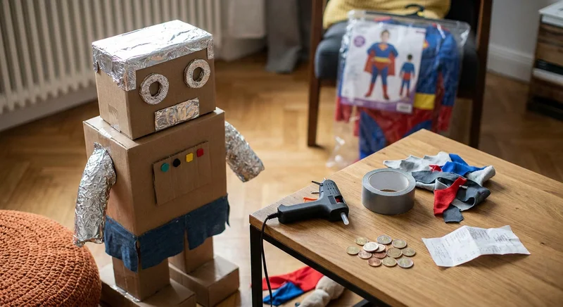 Domowy strój robota z kartonu obok pistoletu na klej i monet na stoliku. W tle kupny kostium superbohatera.