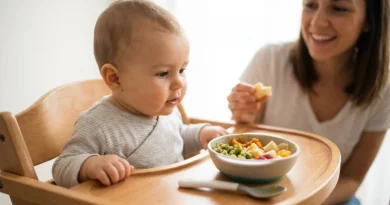 Niemowlę w krzesełku z zainteresowaniem patrzy na miseczkę z jedzeniem, obok siedzi uśmiechnięta mama.