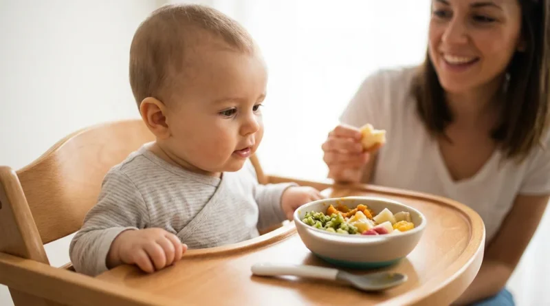 Niemowlę w krzesełku z zainteresowaniem patrzy na miseczkę z jedzeniem, obok siedzi uśmiechnięta mama.