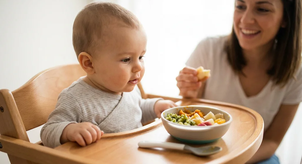 Niemowlę w krzesełku z zainteresowaniem patrzy na miseczkę z jedzeniem, obok siedzi uśmiechnięta mama.
