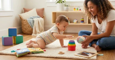 Niemowlę bawi się kolorową wieżą z kubków na podłodze obok uśmiechniętej mamy trzymającej miękką piłkę.