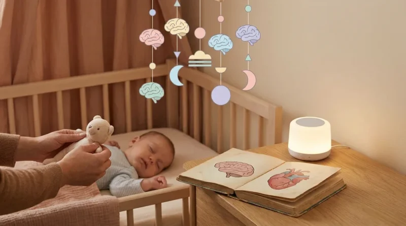 Śpiące niemowlę pod karuzelą z rysunkami mózgów. Obok leży otwarta książka anatomiczna i świecąca lampka.