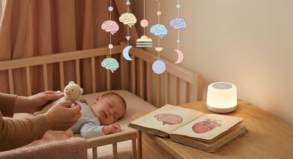 Śpiące niemowlę pod karuzelą z rysunkami mózgów. Obok leży otwarta książka anatomiczna i świecąca lampka.