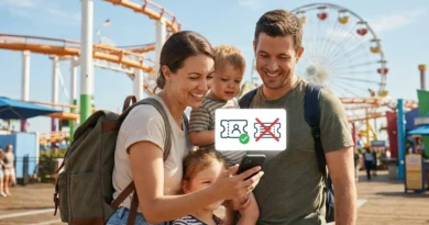 Rodzina w parku rozrywki patrzy na smartfon z grafiką aktywnego biletu online i przekreślonego bonu.