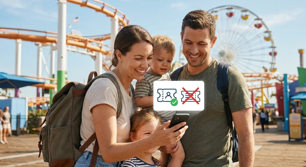 Rodzina w parku rozrywki patrzy na smartfon z grafiką aktywnego biletu online i przekreślonego bonu.