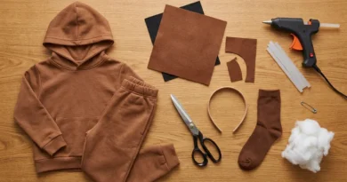 Materiały do zrobienia stroju psa: brązowy dres, filc, opaska, nożyczki, skarpetka z watą i klej na gorąco.