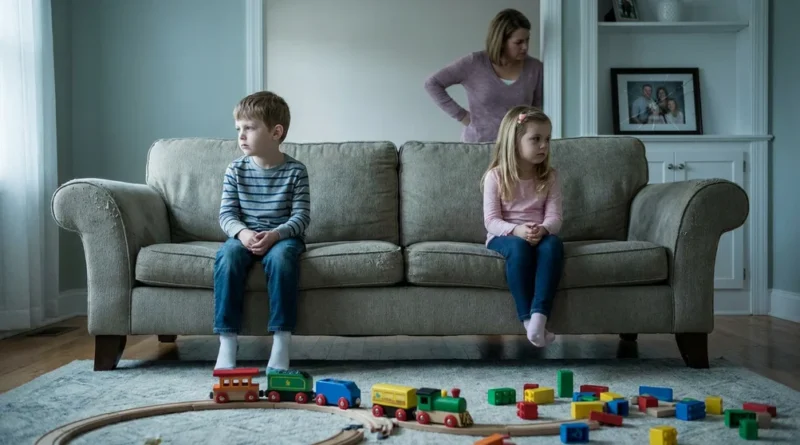 Skłócone rodzeństwo siedzi na końcach kanapy, unikając wzroku. W tle stoi zaniepokojona matka.