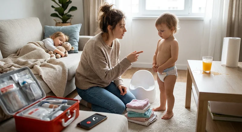 Klęcząca mama rozmawia z maluchem w pieluszce stojącym przy nocniku. W tle drugie dziecko śpi na kanapie.