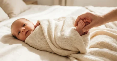 Noworodek owinięty w beżowy kocyk leży na łóżku, a dłoń dorosłego delikatnie trzyma jego stópki.